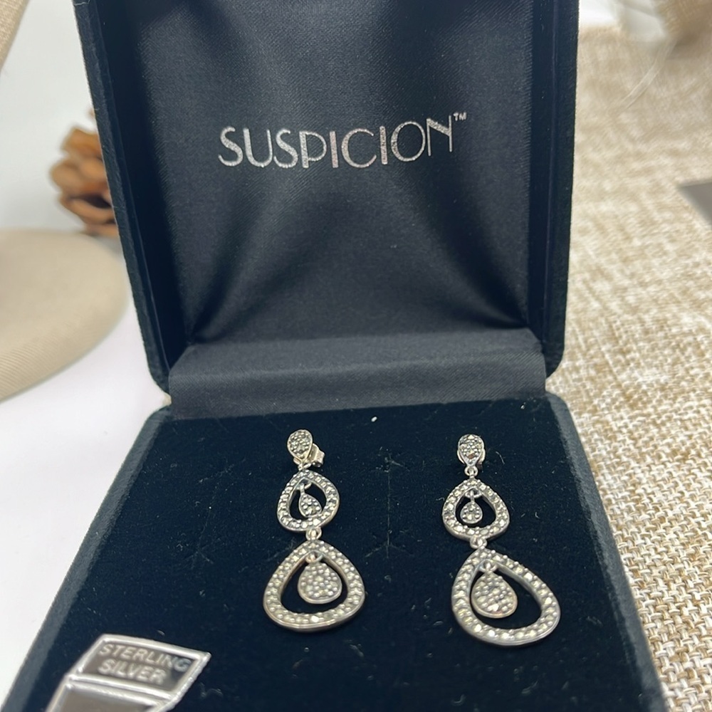 Suspicion Marcasite 🖤 Sterling Silver Teardrop Stud Earrings 🌟 - Picture 12 of 13